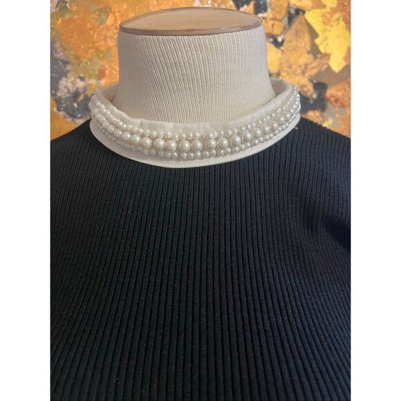 NWT Commense Contrast Trim Pearl-Detail Black Ribbed Slim Fit Pullover Sweater L - Picture 4 of 13